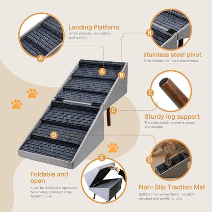 Dog Stairs for High Bed,2-in-1 Ottoman Dog Stairs,21 Inch Working Height, 6 Steps and Non-Slip Design for Large Dogs,Wooden Dog Furniture(Gray XXL 21.6" H)