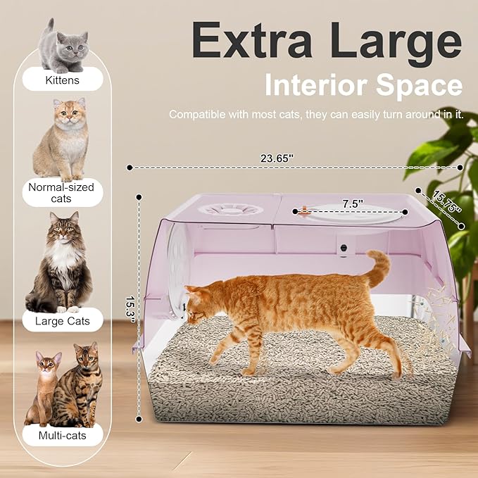 Stainless Steel Litter Box with Lid, XL Extra Large Litter Box, Enclosed Top Entry Metal Litterbox for Big Cat, Easy Cleaning, Anti-Leakage & High Sided with Mat, Aisle & Scoop, Pink