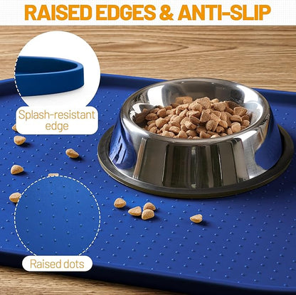 Hubulk 100% Waterproof Silicone Pet Feeding Mat with Raised Edge for Food and Water, Dog Bowl Mats, Cat Bowls Placemat with High Lip Protects Floor for Cats and Dogs (Navy Blue, 32" L x 24" W)