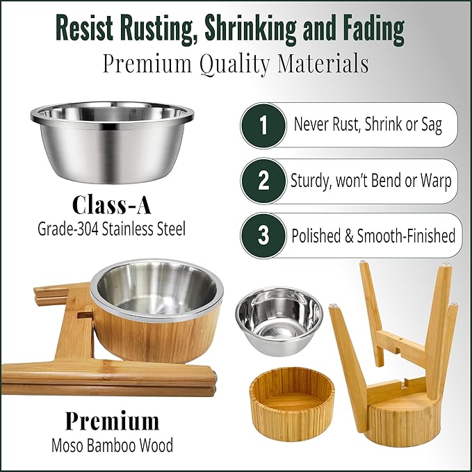 Elevated Dog Bowl for Mid-Large Breed, (12-Inch High) - Raised Food and Water Bowl with Stand, Flip-Resistant - Real Bamboo and Stainless Steel