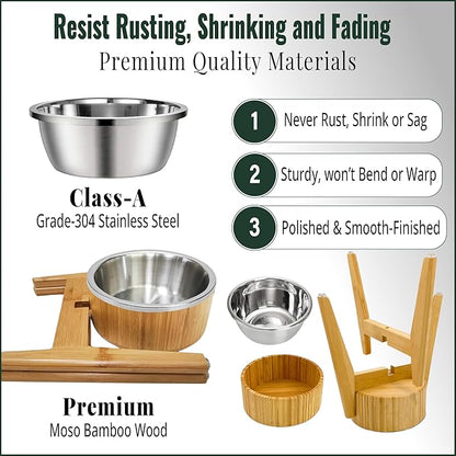 Elevated Dog Bowl for Mid-Large Breed, (12-Inch High) - Raised Food and Water Bowl with Stand, Flip-Resistant - Real Bamboo and Stainless Steel