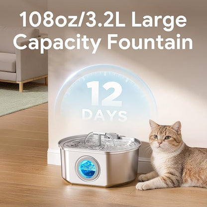 Cat Water Fountain Stainless Steel - Pet Drinking Fountain for Cats Indoor - 3.2L/108oz Automatic Water Dispenser with Watering Level Window (1 Filter)