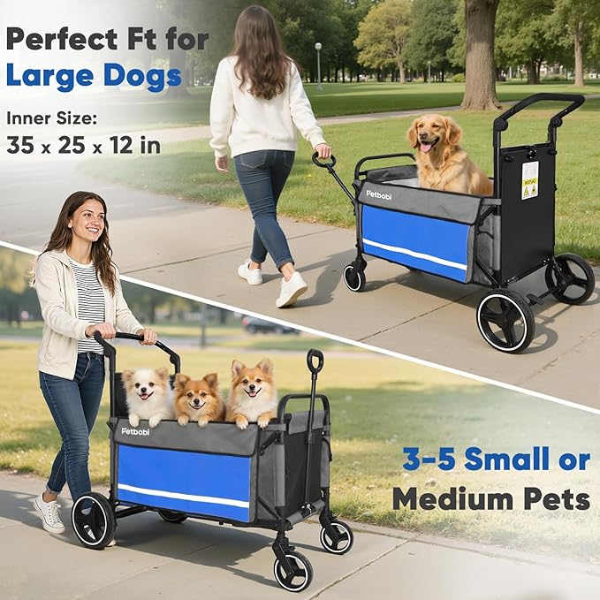 Petbobi 2-in-1 Dog Wagon Stroller for Large & Medium Dogs – Foldable Push & Pull Stroller with Ramp, 360° Swivel Wheels, Adjustable Handles & Safety Leashes for Walking Camping Parks