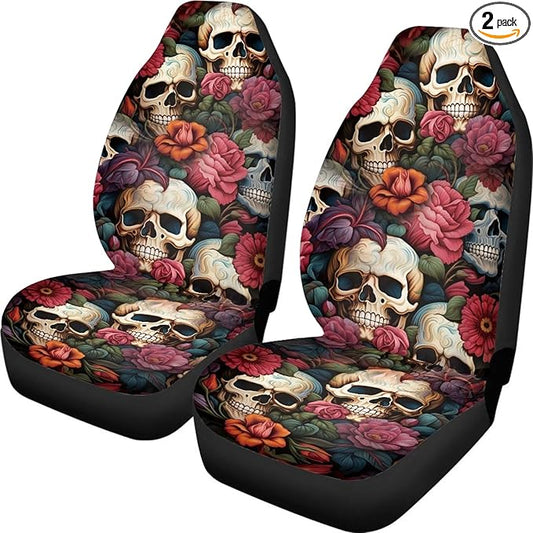 Floral Skull Car Seat Covers for Front Seats SUV Truck Van Sedans Bucket Seat Covers for Women Men, Washable and Breathable Car Accessories Seat Protector