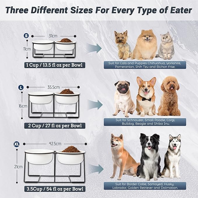 Ceramic Elevated Dog Bowl Set - Raised Double Feeding Bowls with Metal Stand - Pet Dishes for Medium and Large Dogs - 3.5 Cups - 54 fl oz - Matte White