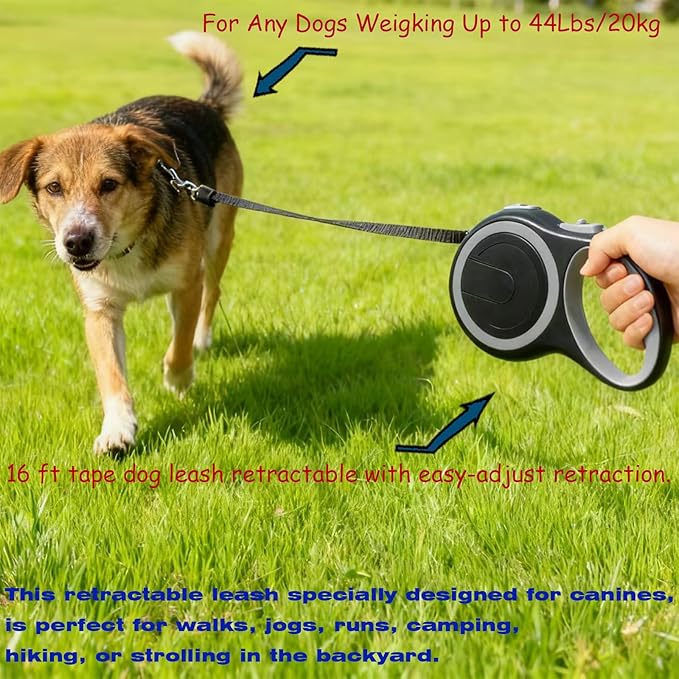 Retractable Dog Leash 16 FT Walking Leash Up to 44 lb, 360° Tangle-Free Dog Leashe, Strong Nylon Tape No Tangle, Explosion-Proof Carabiner, Anti-Slip Handle (Black, 16FT)