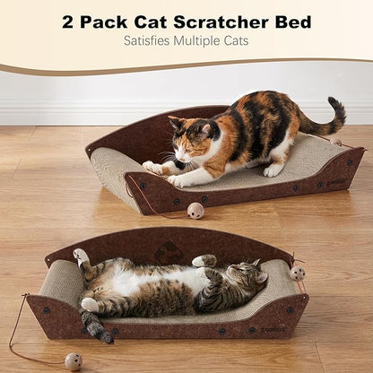 2 Pack 26'' Cardboard Cat Scratcher Bed - Large Scratcher Couch for Indoor Cats, Orthopedic Scratching Board, Lounger Scratching Couch with Bells