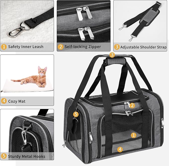 Soft-Sided Cat/Dog/Pet Carrier, Collapsible Pets Travel Carriers for Big Cats/Small Dogs with Shoulder Strap & Removable Mat, Mesh Puppy Carry Bag, Up to 16 Lbs, TSA Airline Approved(Dark Grey)