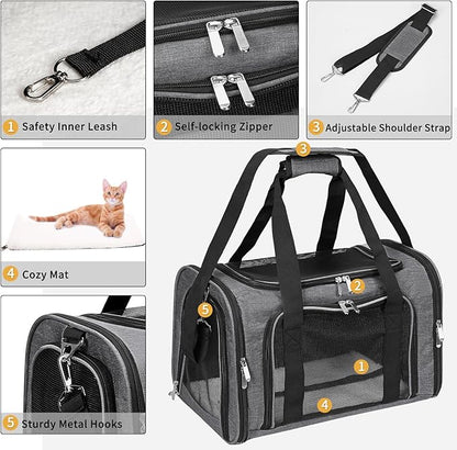 Soft-Sided Cat/Dog/Pet Carrier, Collapsible Pets Travel Carriers for Big Cats/Small Dogs with Shoulder Strap & Removable Mat, Mesh Puppy Carry Bag, Up to 16 Lbs, TSA Airline Approved(Dark Grey)