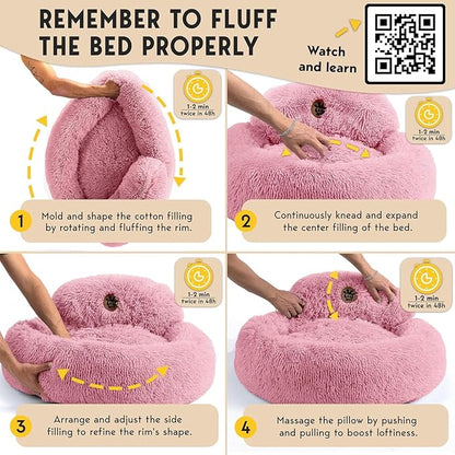 PetJett Large Dog Bed - 36'' Calming Donut Dog Beds, Anti-Slip & Washable Large Round Bed, Fluffy Faux Fur Pet Bed, Super Soft Anti-Anxiety Premium Comfort Bed, Fits Dogs up to 80 lbs - Pink