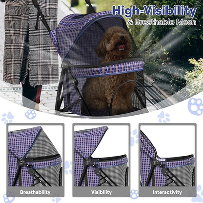 Dog Stroller for Small Dogs 10 lbs -22lbs Puppy Stroller Medium Dog Wagon Small Pet Stroller for Cats, Cat Strollers for 2 Cats, Rear Storage, Plaid