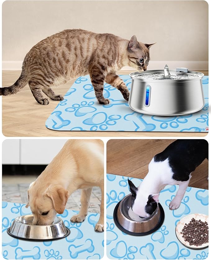 Cat Dog Food Mat, Rapid Water Absorption Dog Mat for Food and Water,100% Waterproof Cat Dog Bowl Mat,16"x24"-Blue