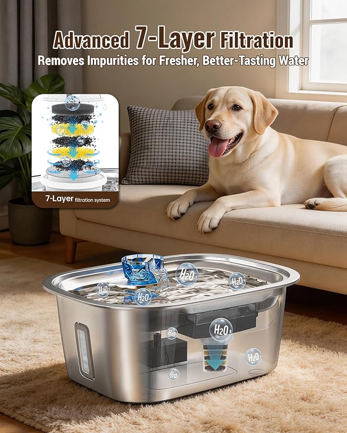 PETNF 3-Gallon Stainless Steel Dog Water Fountain for Large Dogs, Dog Water Bowl Dispenser with 4 Filters, Visible Water Window, Quiet Pump & LED Low-Water Indicator