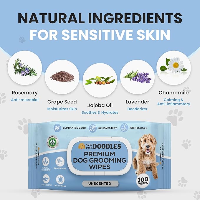 We Love Doodles Dog Wipes - Deodorizing & Cleaning Pet Wipes, for Coat, Face, Paws, Butt, & Body, Dog Essentials & Grooming Supplies, Made in USA, Unscented (100 Count)