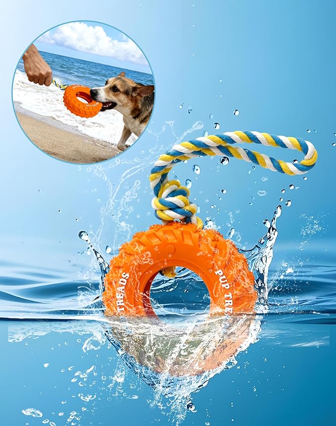 Deeow Dog Tire Toy, Treat Dispensing Chew Toy for Teething Clean and Dental Care, Natural Rubber Dog Toy for Fetching Game, Tug-of-war Interactive Slow Feeder Enrichment Pet Toy-Orange