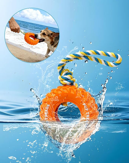 Deeow Dog Tire Toy, Treat Dispensing Chew Toy for Teething Clean and Dental Care, Natural Rubber Dog Toy for Fetching Game, Tug-of-war Interactive Slow Feeder Enrichment Pet Toy-Orange