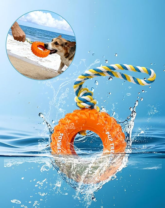Deeow Dog Tire Toy, Treat Dispensing Chew Toy for Teething Clean and Dental Care, Natural Rubber Dog Toy for Fetching Game, Tug-of-war Interactive Slow Feeder Enrichment Pet Toy-Orange