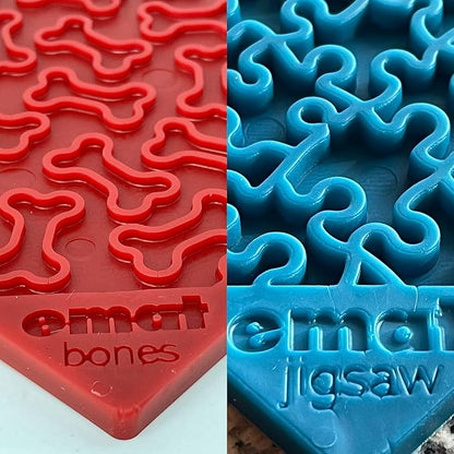 SodaPup Red Bones & Blue Jigsaw eMat Bundle – Durable Lick Mat Feeder Made in USA from Non-Toxic, Pet-Safe, Food Safe Rubber for Avoiding Overfeeding, Digestive Health, Calming, & More