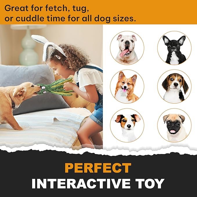 Squeaky Octopus Dog Toy – No Stuffing, Crinkle Sound Plush Chew Toy for Small and Medium Dogs – Durable and Machine Washable – 2 Pack (Orange & Green)