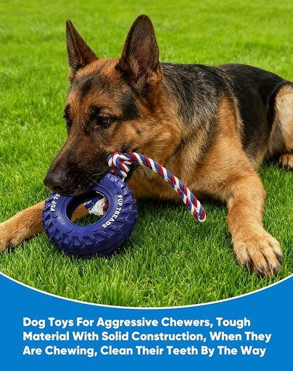 Deeow Dog Tire Toy, Treat Dispensing Chew Toy for Teething Clean and Dental Care, Natural Rubber Enrichment Dog Toys for Boredom Relieve, Interactive Tug-of-War Slow Feeder Pet Toys-Blue