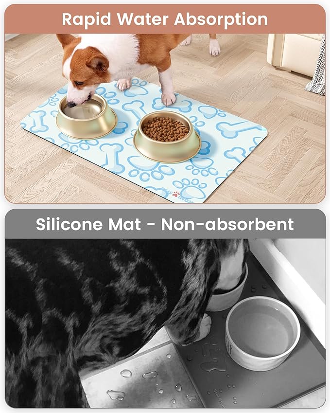 Cat Dog Food Mat, Rapid Water Absorption Dog Mat for Food and Water,100% Waterproof Cat Dog Bowl Mat,16"x24"-Blue