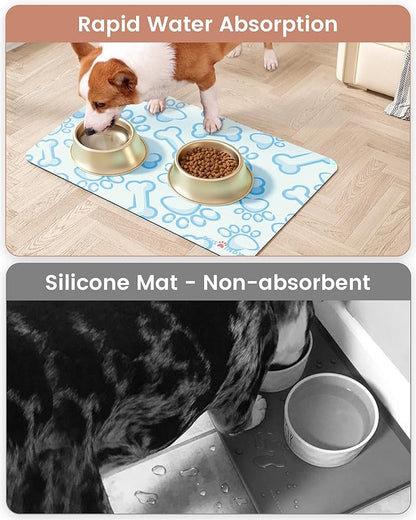 Cat Dog Food Mat, Rapid Water Absorption Dog Mat for Food and Water,100% Waterproof Cat Dog Bowl Mat,16"x24"-Blue