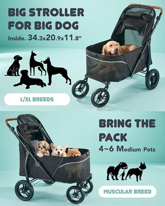 Pet Stroller for Large Dogs up to 110lbs, Large Pet Stroller for Multiple Pets, All-Terrain with Adjustable Handle & Mesh Dual-Window, 1680D Waterproof Oxford Fiber