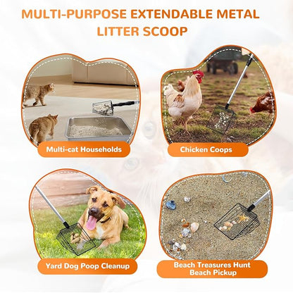 Metal Cat Litter Scoop with Holder, 43" Extendable Long Handle Cat Scooper for Litter Box, Solid & Durable, Deep Shovel for Fast Sifting, Large Pet Pooper Scooper for Kitty/Outside Dog Poop