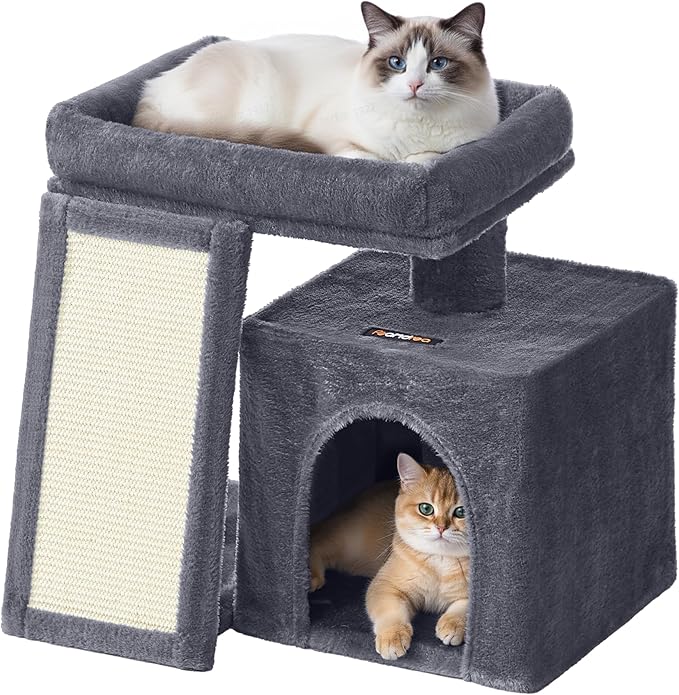 Feandrea Small Cat Tree, Cat Tower Condo, Scratching Ramp, Large Top Perch, Cave, 20.1 x 15.4 x 18.3 Inches, Dark Gray UPCT010GS02S