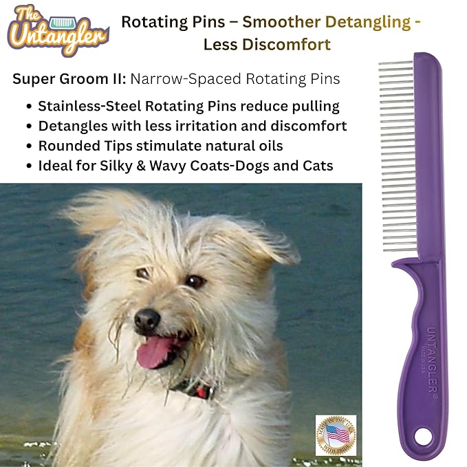 Super-Groom Combs with Smooth Rotating Teeth for Painless Mat Removal (Royal Purple, 30 Fine-Spaced teeth)