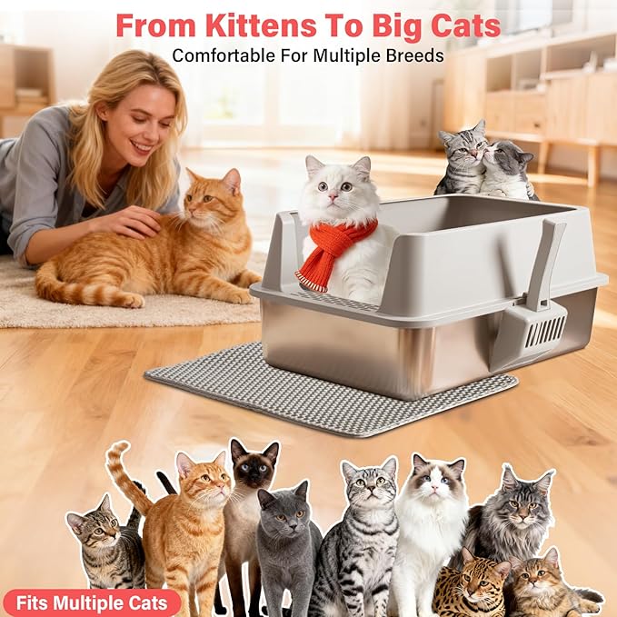 Stainless Steel Cat Litter Box with Lid, XL Metal Litter Box High Sided, Odor-Free/Anti-Urine Leakage & Non-Stick, Extra Large Litter Box with Mat & Scoop for Multiple/Big Cats, Easy Cleaning (Grey)