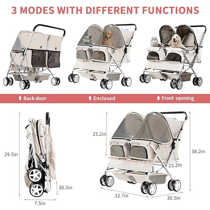 Double Pet Stroller, Foldable Stroller for 2 Dogs & Cats, Two-Seater Carrier Twin Dog Walk Jogger Travel Pet Carriage Cart with Storage, Gray