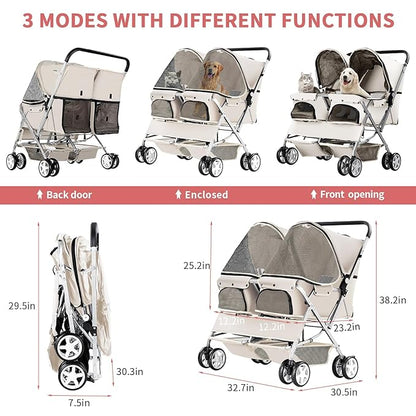 Double Pet Stroller, Foldable Stroller for 2 Dogs & Cats, Two-Seater Carrier Twin Dog Walk Jogger Travel Pet Carriage Cart with Storage, Gray