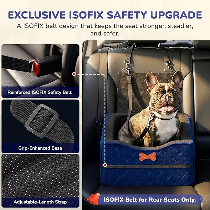 Dog Car Seat for Small Medium Dogs, 6" Elevated Dog Booster Seat with ISOFIX Safety Fixation, Washable Cover & High Density Memory Foam, Portable for Car Front/Rear/Trunk Home Outdoor Use (Navy Blue)