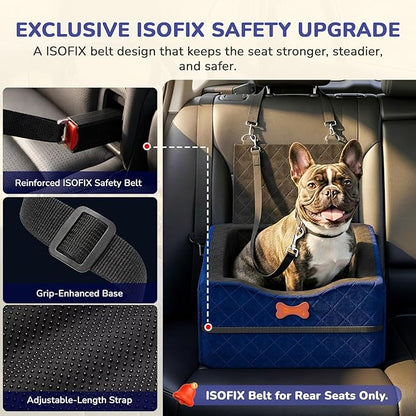 Dog Car Seat for Small Medium Dogs, 6" Elevated Dog Booster Seat with ISOFIX Safety Fixation, Washable Cover & High Density Memory Foam, Portable for Car Front/Rear/Trunk Home Outdoor Use (Navy Blue)