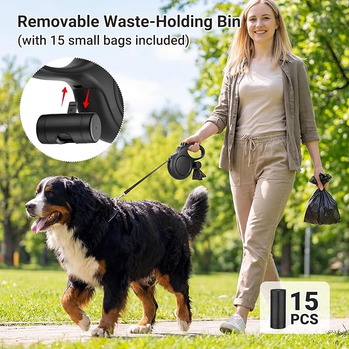 Segarty 26 Ft Walking Lead with Poop Bag Holder for Dogs 66 lbs - 110 lbs, 360°Tangle-Free Leash with Anti-Slip Handle & One-Handed Brake Pause Lock, 8m Retractable Leash for Dog Pets Outside Activity