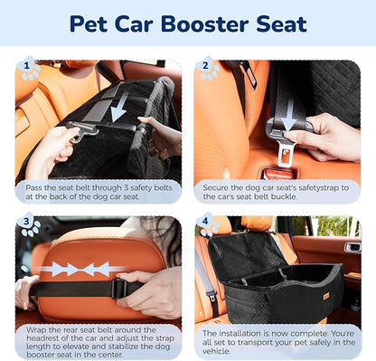 Dog Car Seat for Large Dogs up to 60 lbs or 2 Small Dogs with 4" Memory Foam, Back Seat Medium Pet Booster Seat with Triple Safety Belts, Adjustable Leashes, Detachable/Washable (Dark Black, Large)