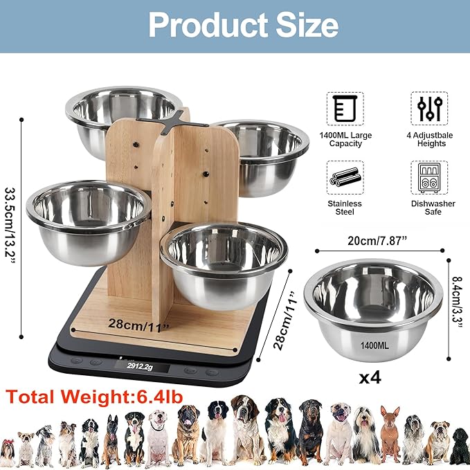 handrong Elevated Dog Bowls,4 Heights Raised Dog Bowl,4 Dogs Bowls Elevated,Wood Dogs Food Bowl,4 Sided Pet Feeding Station for Small,Medium Large Sized Pet-47.3oz