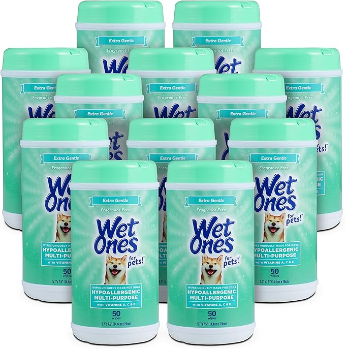 Wet Ones for Pets Hypoallergenic Multipurpose Dog Wipes with Vitamins A, C & E - No Fragrance Pet Wipes for Dogs in Canister, 50 Count - 12 Pack