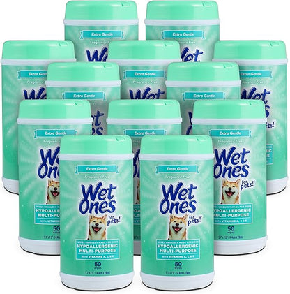 Wet Ones for Pets Hypoallergenic Multipurpose Dog Wipes with Vitamins A, C & E - No Fragrance Pet Wipes for Dogs in Canister, 50 Count - 12 Pack