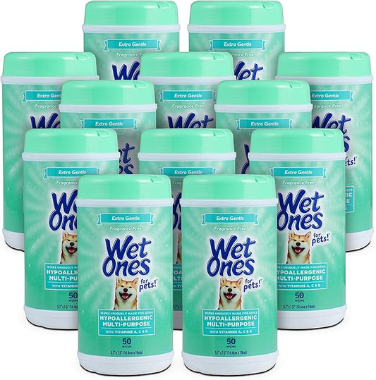 Wet Ones for Pets Hypoallergenic Multipurpose Dog Wipes with Vitamins A, C & E - No Fragrance Pet Wipes for Dogs in Canister, 50 Count - 12 Pack