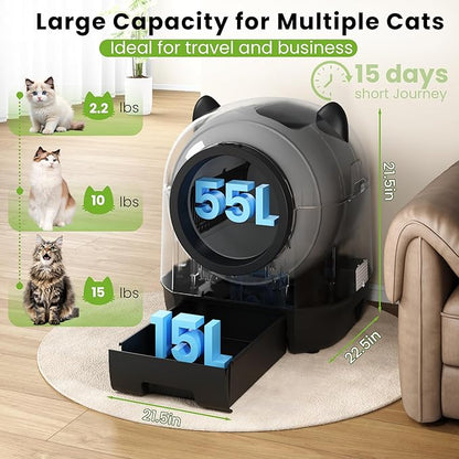 Realbear Automatic Cat Litter Box Self Cleaning Litter Box Large Capacity for Multiple Cats, App Control with Safety Sensors, Includes Scent Cartridge & 2 Roll Garbage Bags (White)