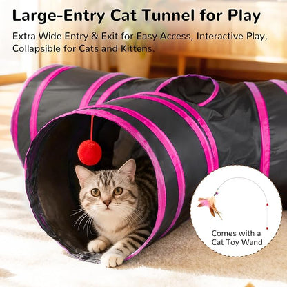 Tempcore Pet Tube Toys 3 Way Collapsible, Cat Tunnels for Indoor Cats，Kitty Bored Pet Toys with Peek Hole & Ball Cat, Puppy, Kitty, Kitten, Rabbit, Rose Red