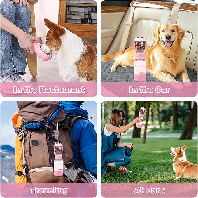 Dog Water Bottle with Food Storage & Poop Bag Dispenser - 3-in-1 Portable Pet Water Bowl for Hiking, Walking, and Travel - Ideal for Small to Large Dogs Pink