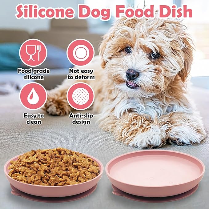 Silicone Dog Bowl Set of 2 No Spill Puppy Food & Water Dish Less Mess Cat Dry Food Plates with Suction Cup Non-Tippable Feeding Wet Food Bowls for Small & Medium-Sized Pets (Round Pink)