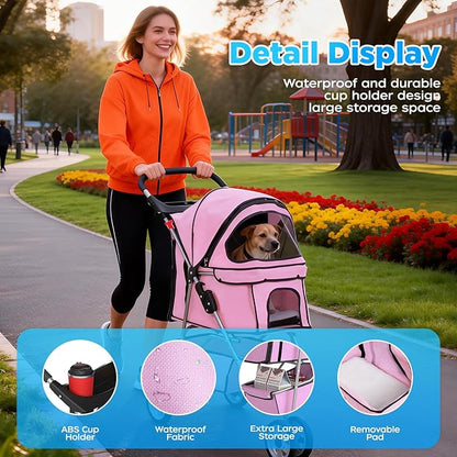 BestOffice Pet Stroller for Small Medium Dogs & Cats, 3-Wheel Foldable Dog Stroller with Cup Holder, Lightweight Travel Carrier, Waterproof Design for Outdoor Walks, Pink