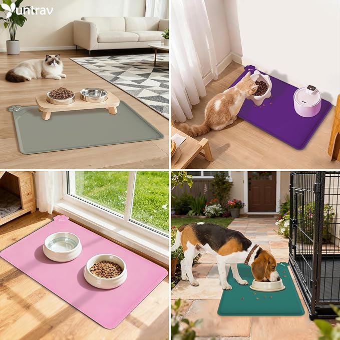 Waterproof Raised Edge BPA Free Silicone Pet Feeding Mat-Multiple Colors，Dog Cat Food Mats Contain Spills Protects Floors, Placemats for Cats and Dogs Water Bowl, Pets Accessories 22x15 Gray