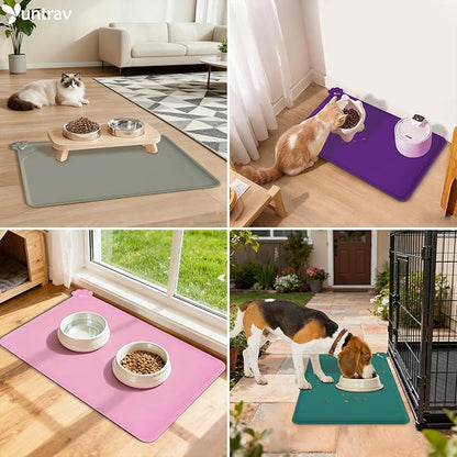 Waterproof Raised Edge BPA Free Silicone Pet Feeding Mat-Multiple Colors，Dog Cat Food Mats Contain Spills Protects Floors, Placemats for Cats and Dogs Water Bowl, Pets Accessories 22x15 Gray