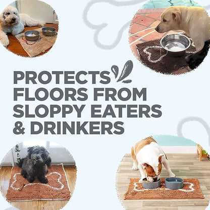 Soggy Doggy Slopmat Dog Food Mat – Absorbent Microfiber Chenille Pet Feeding Mat for Food & Water Bowls, Muddy Paws Small Doormat, Non-Slip, Machine Washable Rug – Gray/Light Gray Bone, 18” x 24”