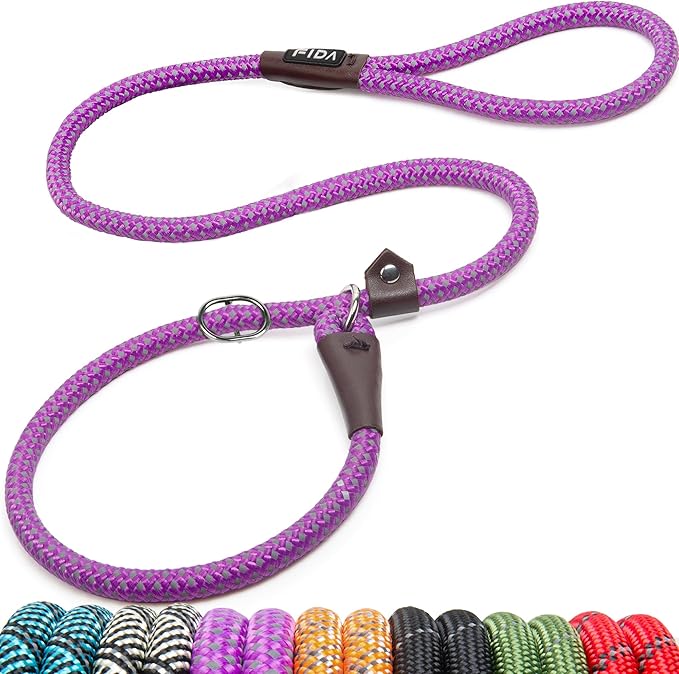 Fida Slip Leads for Dogs, 4 FT x 1/2" Dog Leash Heavy Duty Comfortable Strong Rope Lead for Large, Medium Dogs, No Pull Pet Training Leash with Highly Reflective,Purple
